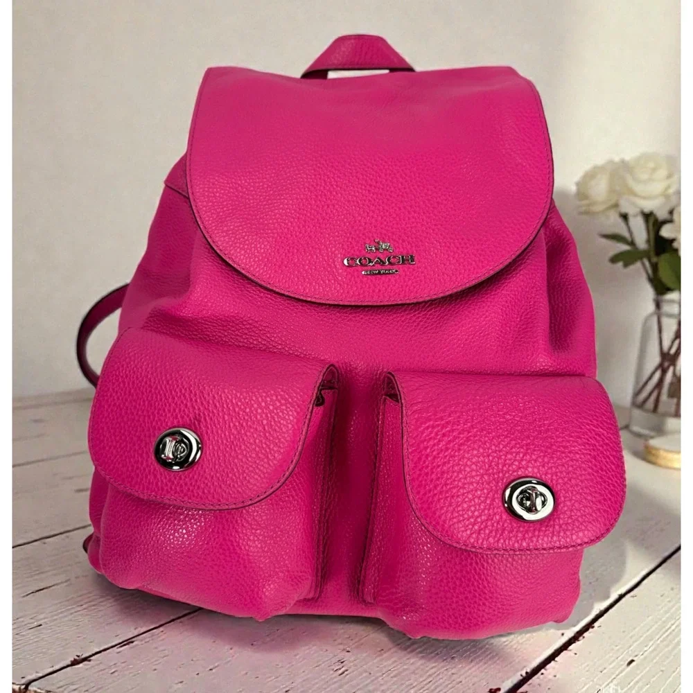 Coach Billie Pebbled Leather Backpack Purse Hot Pink Bag Turnlock Pockets - Picture 1 of 16